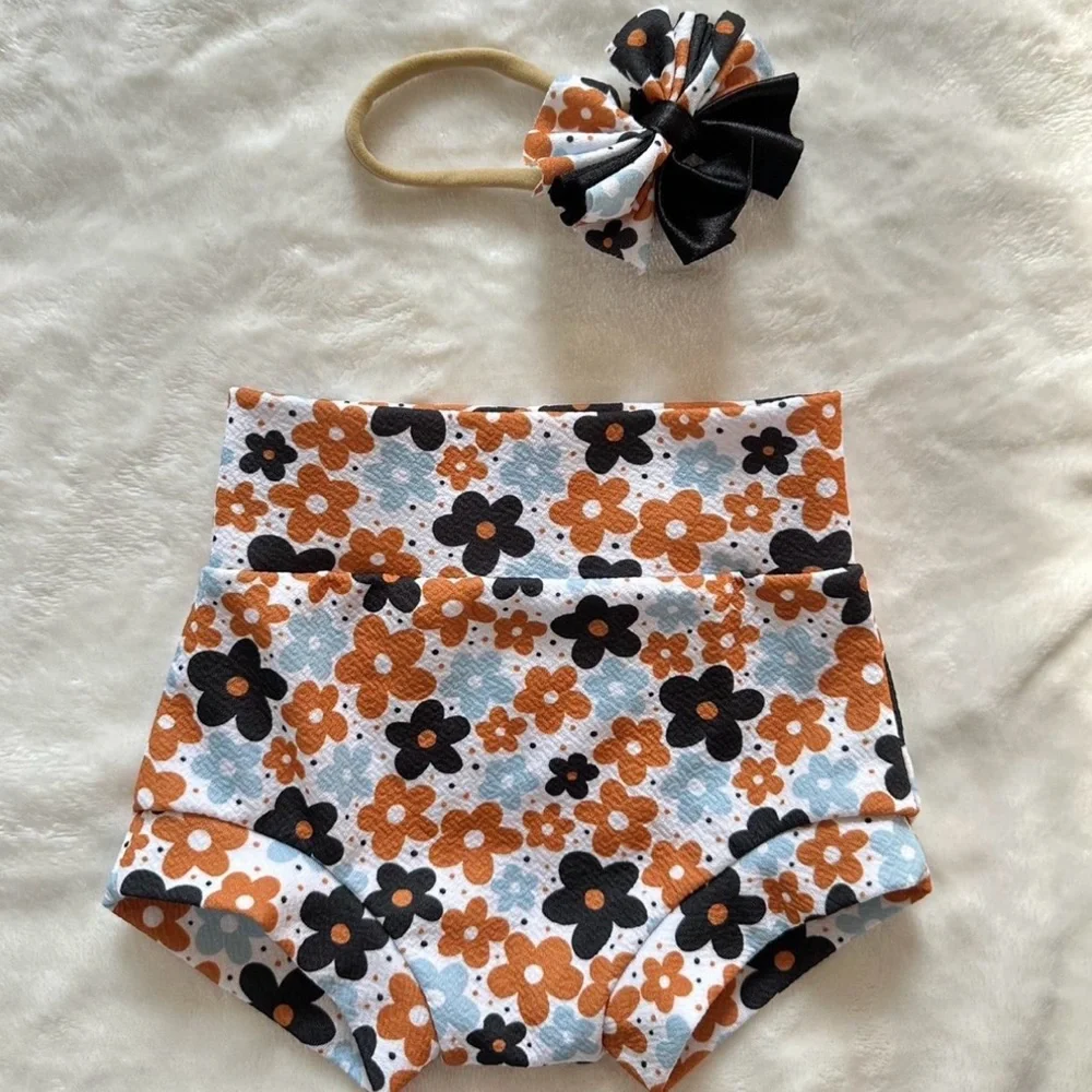 Floral Kids Hairband and Shorts Set - Orange and Black